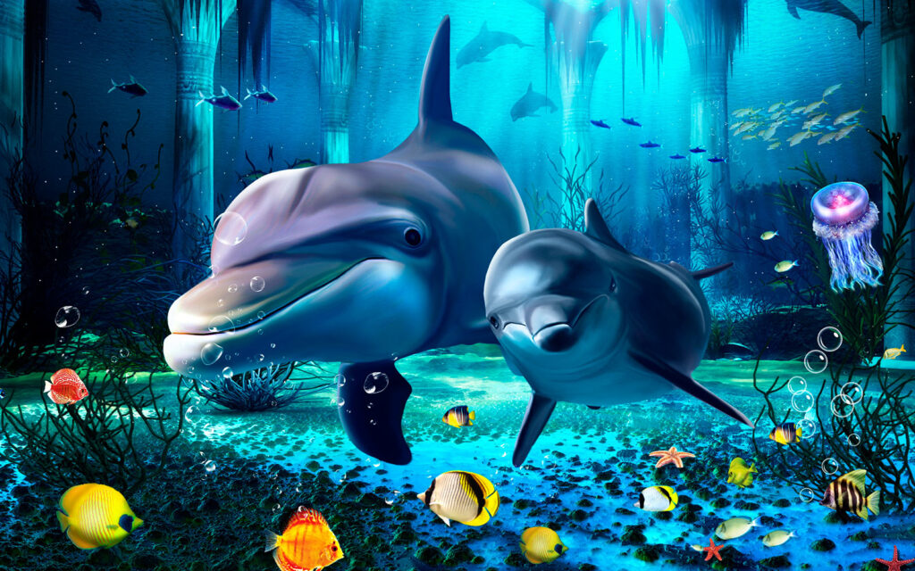 Coppia di delfini che nuota nel mare Coppia di delfini che nuota nel mare