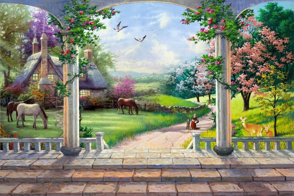 Dipinto di un paesaggio con un cavallo e una casa Dipinto di un paesaggio con un cavallo e una casa