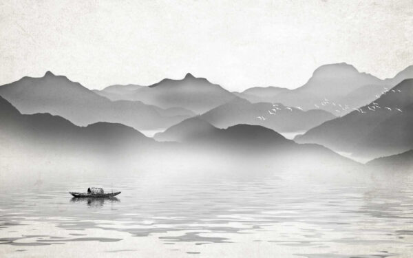 Barca sull'acqua con montagne sullo sfondo Barca sull'acqua con montagne sullo sfondo