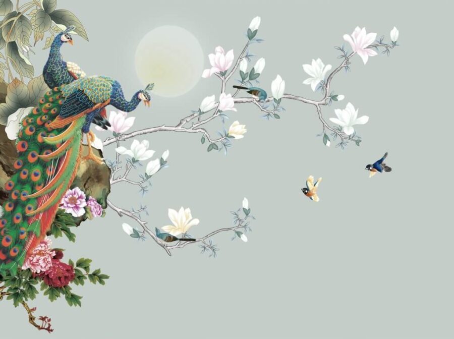 Uccello su un ramo con fiori e uccelli