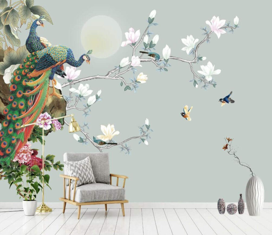 Uccello su un ramo con fiori e uccelli