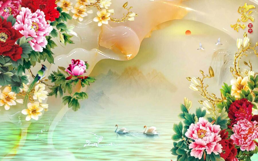 Pittura di fiori e cigni Pittura di fiori e cigni