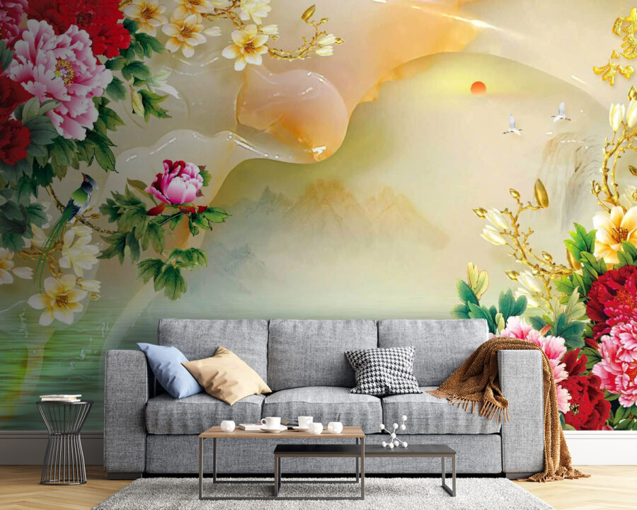 Pittura di fiori e cigni Pittura di fiori e cigni