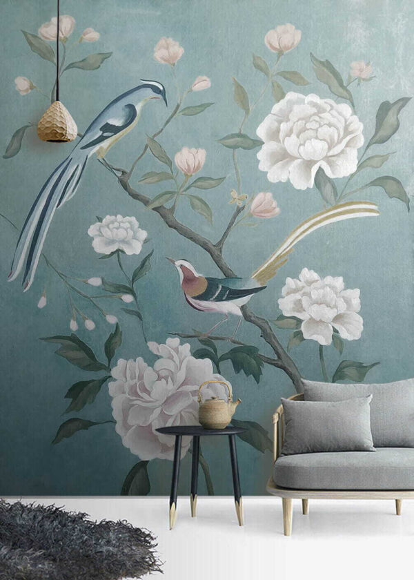 Pittura di uccelli su un ramo con fiori Pittura di uccelli su un ramo con fiori