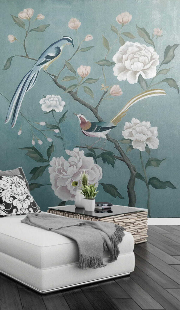 Pittura di uccelli su un ramo con fiori Pittura di uccelli su un ramo con fiori