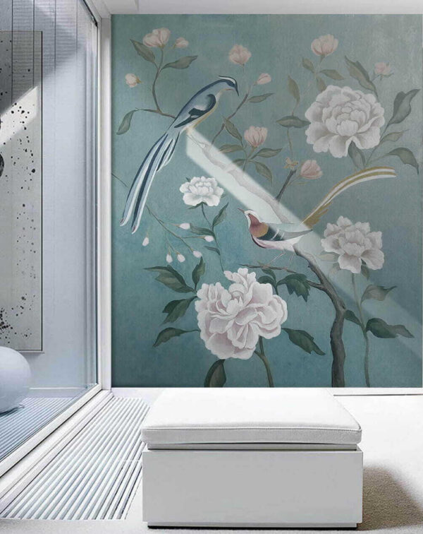 Pittura di uccelli su un ramo con fiori Pittura di uccelli su un ramo con fiori