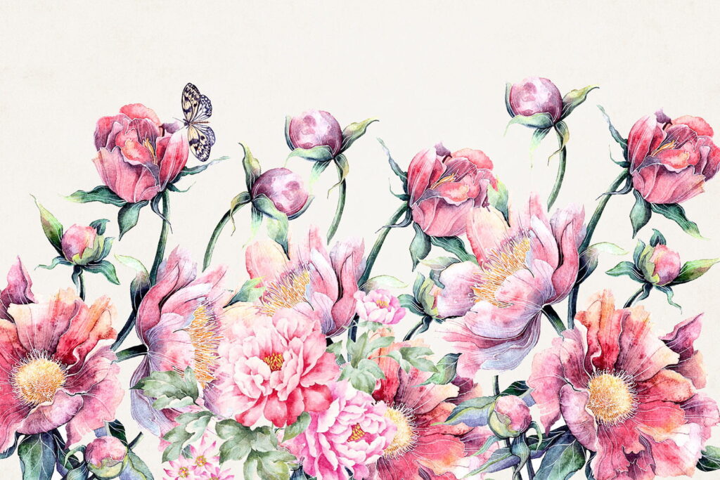Pittura ad acquerello di fiori e una farfalla Pittura ad acquerello di fiori e una farfalla