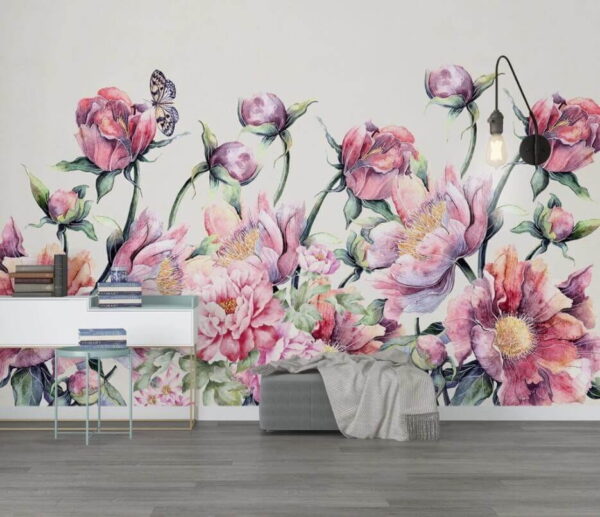 Pittura ad acquerello di fiori e una farfalla