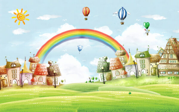 Paesaggio cartoon con arcobaleno e case Paesaggio cartoon con arcobaleno e case