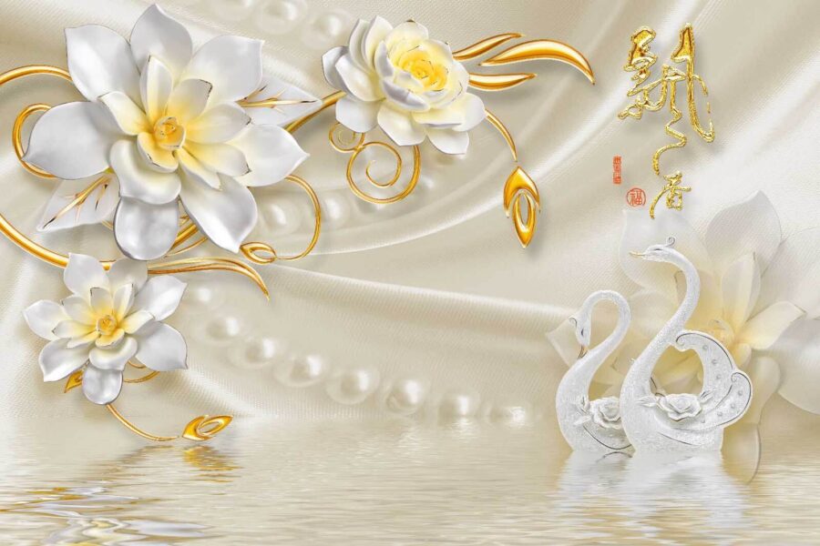 Carta da parati con cigni e fiori