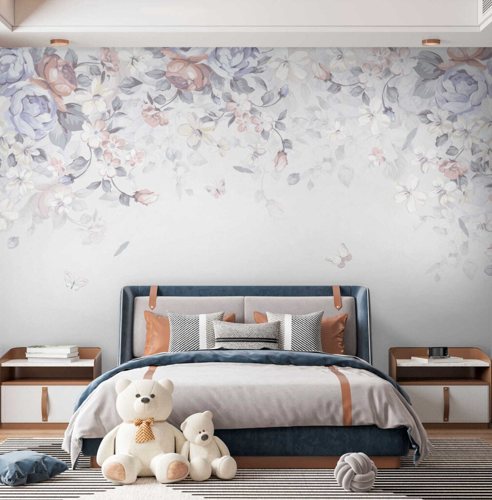 White background with flowers and butterflies