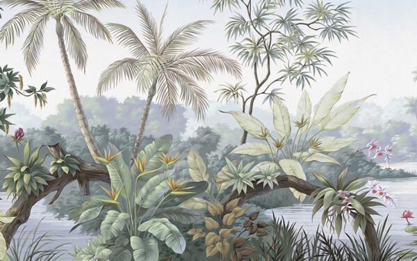 Un murale di una foresta con alberi e acqua Un murale di una foresta con alberi e acqua