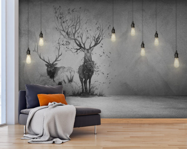 Parete con disegno di due cervi e alberi Parete con disegno di due cervi e alberi