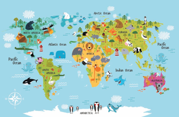 Mappa del mondo con animali Mappa del mondo con animali
