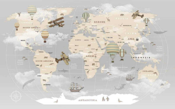 Mappa del mondo con aerei e mongolfiere Mappa del mondo con aerei e mongolfiere