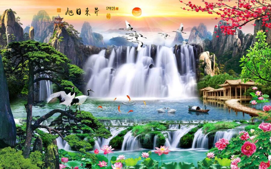 Cascata con uccelli e fiori Cascata con uccelli e fiori