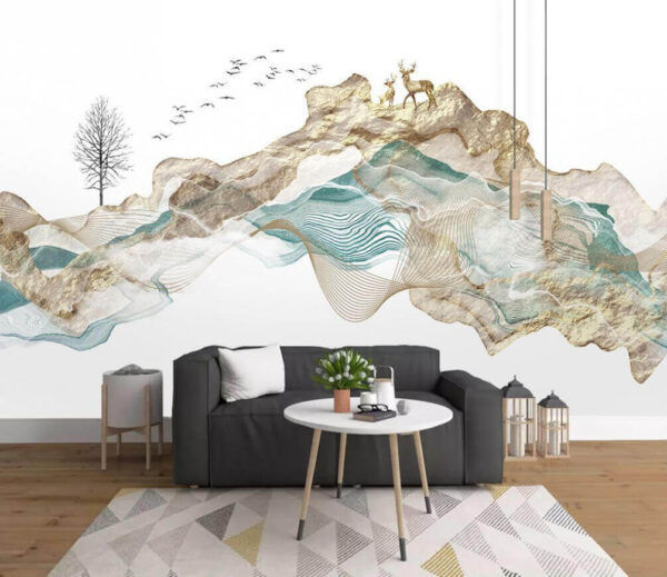 Pittura di una montagna con uccelli in volo Pittura di una montagna con uccelli in volo