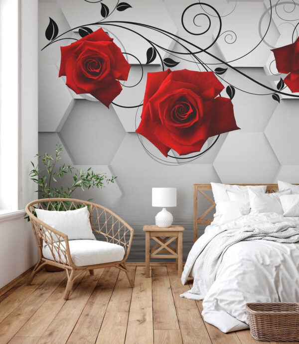 Carta da parati con rose rosse e viti nere Carta da parati con rose rosse e viti nere
