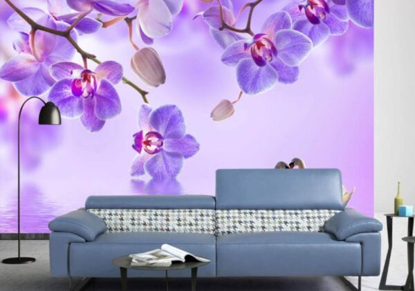 Carta da parati Carta da parati Due cigni in un lago con fiori viola (COD: u29140)