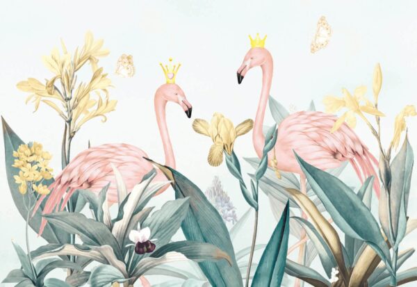 Gruppo di fenicotteri con corona e fiori Gruppo di fenicotteri con corona e fiori
