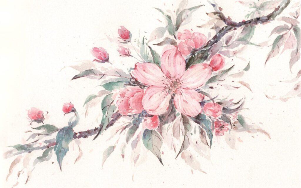 Pittura di fiori rosa su un ramo Pittura di fiori rosa su un ramo