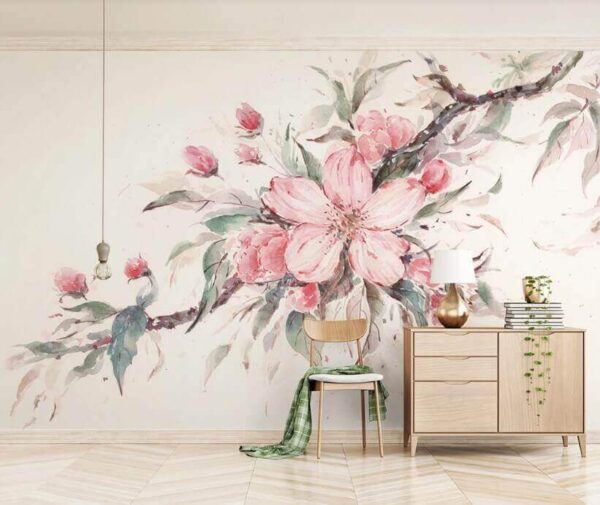Carta da parati Carta da parati Pittura di fiori rosa su un ramo (COD: u29797)