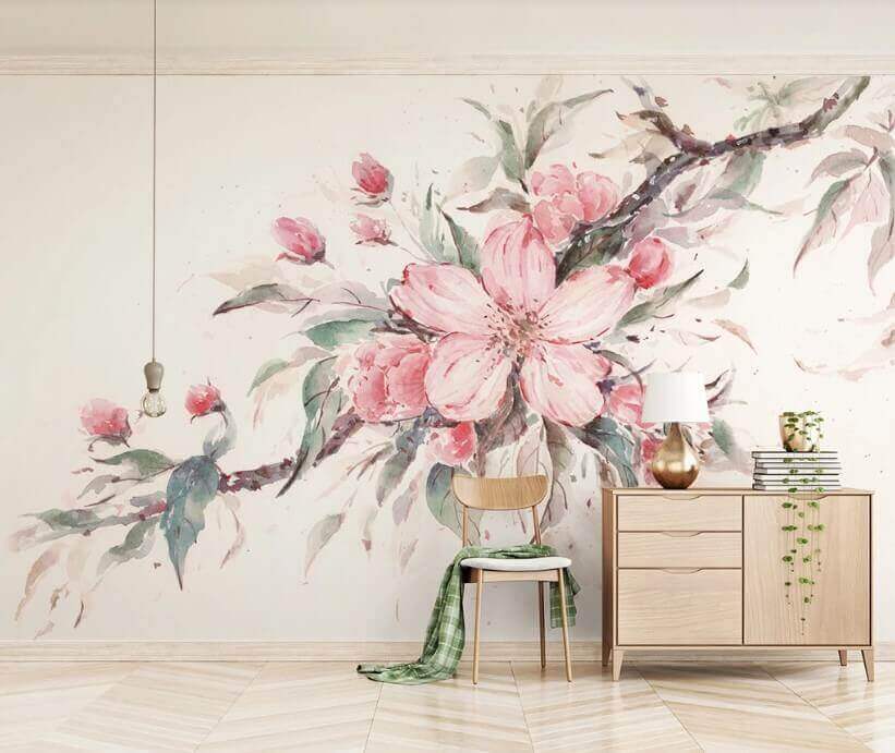 Pittura di fiori rosa su un ramo