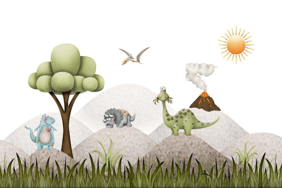Dinosauri dei cartoni animati in un paesaggio