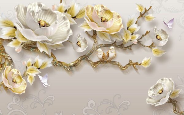 Carta da parati con fiori e uccelli Carta da parati con fiori e uccelli