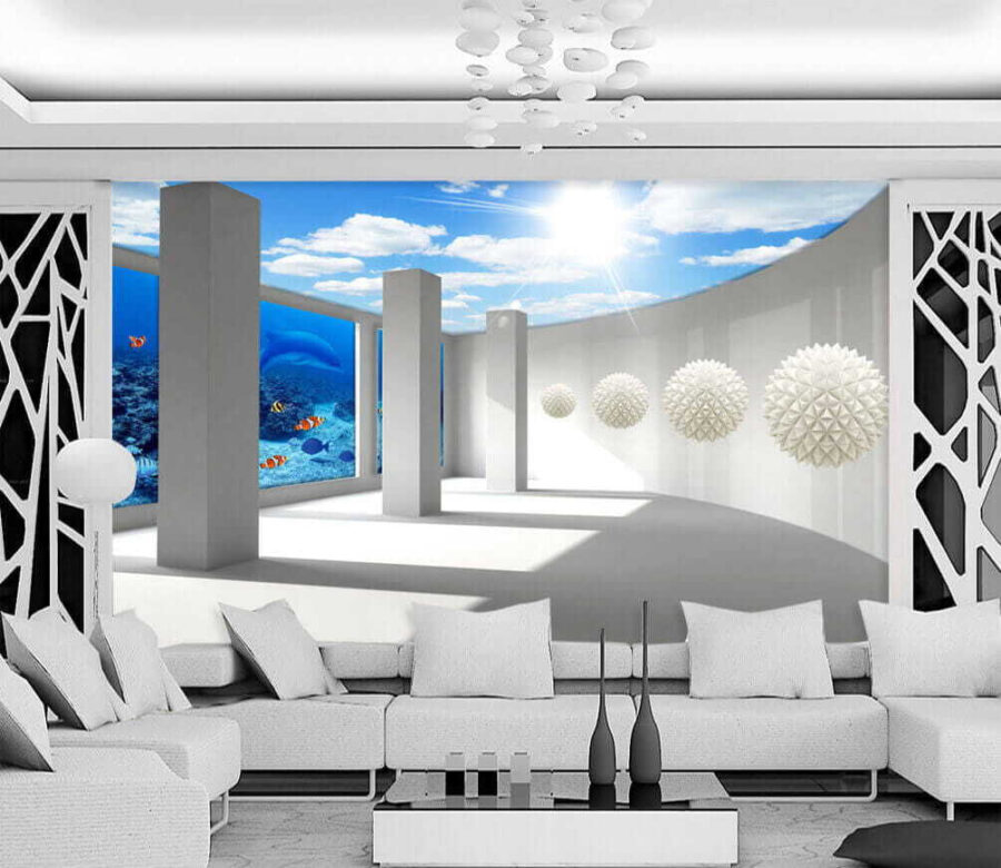 Sala con colonne e pesci e pesci