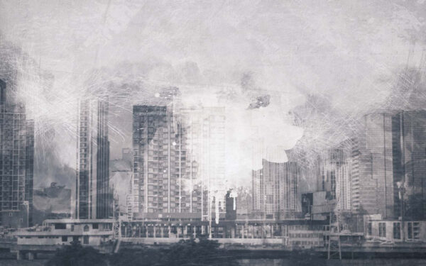 Lo skyline di una città con edifici sullo sfondo Lo skyline di una città con edifici sullo sfondo