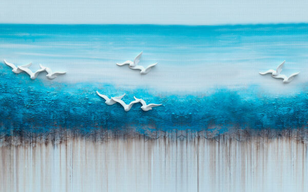 Pittura di uccelli che volano su un oceano blu Pittura di uccelli che volano su un oceano blu
