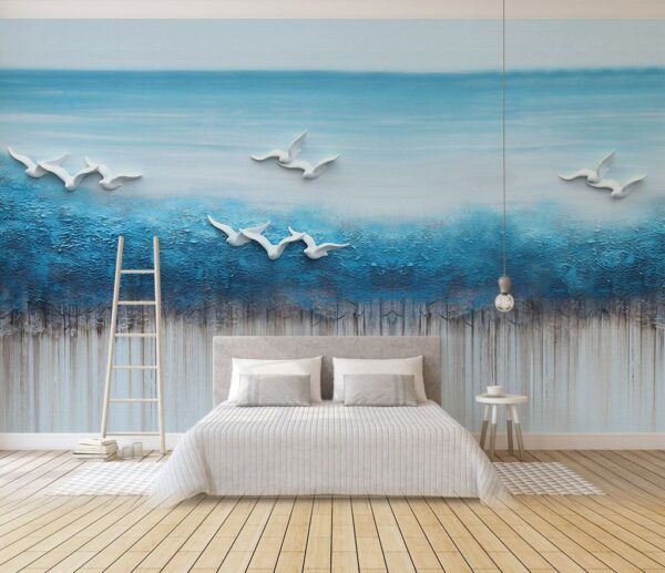 Pittura di uccelli che volano su un oceano blu Pittura di uccelli che volano su un oceano blu