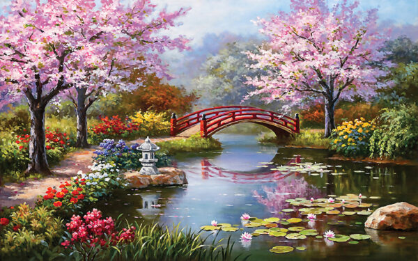 Pittura di uno stagno con ponte e fiori Pittura di uno stagno con ponte e fiori