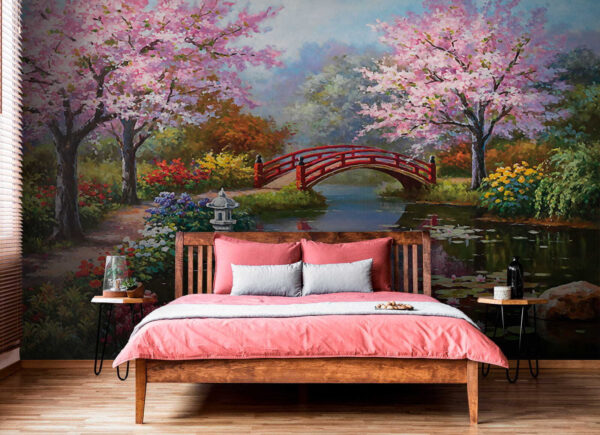 Pittura di uno stagno con ponte e fiori Pittura di uno stagno con ponte e fiori