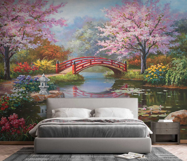 Pittura di uno stagno con ponte e fiori Pittura di uno stagno con ponte e fiori