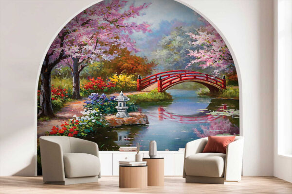 Pittura di uno stagno con ponte e fiori Pittura di uno stagno con ponte e fiori