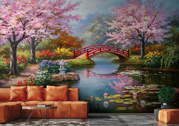 Pittura di uno stagno con ponte e fiori Pittura di uno stagno con ponte e fiori