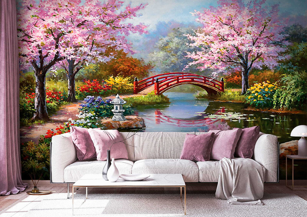Pittura di uno stagno con ponte e fiori u35418pig3m 1024x723 - Pittura di uno stagno con ponte e fiori