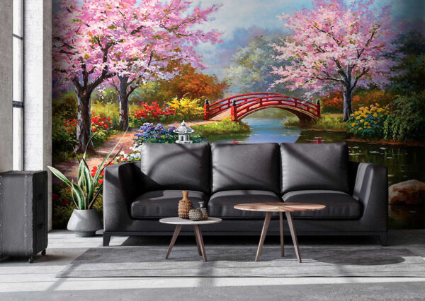 Pittura di uno stagno con ponte e fiori Pittura di uno stagno con ponte e fiori