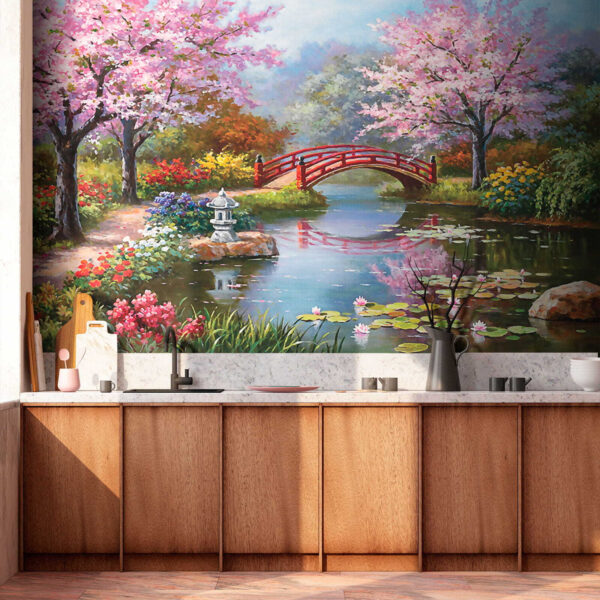 Pittura di uno stagno con ponte e fiori Pittura di uno stagno con ponte e fiori