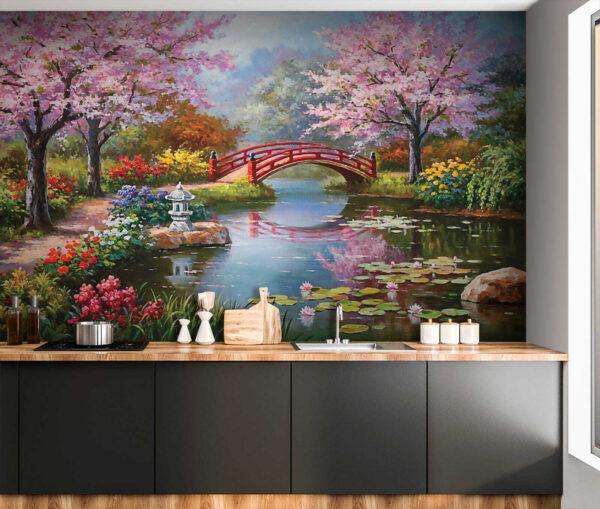 Pittura di uno stagno con ponte e fiori Pittura di uno stagno con ponte e fiori