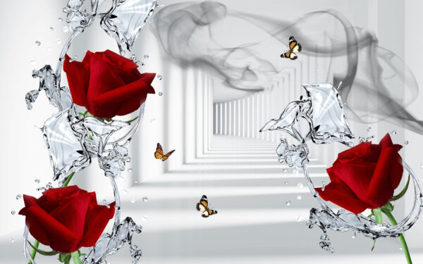 Rose rosse e farfalle in un bicchiere Rose rosse e farfalle in un bicchiere