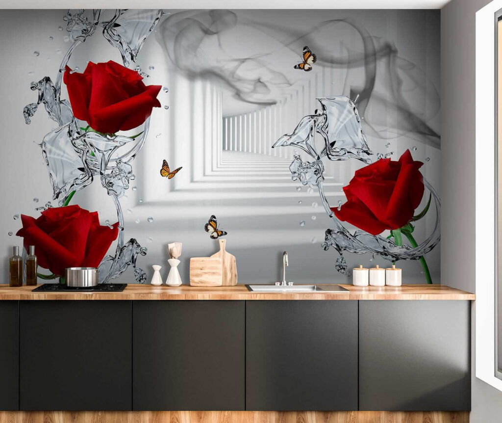 Red roses and butterflies in a glass