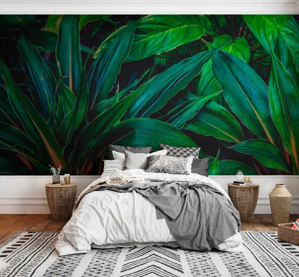 Lush tropical leaves in vibrant green