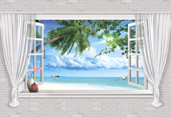 Finestra con vista sulla spiaggia e sugli uccelli Finestra con vista sulla spiaggia e sugli uccelli
