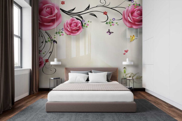 Carta da parati con rose e uccelli Carta da parati con rose e uccelli
