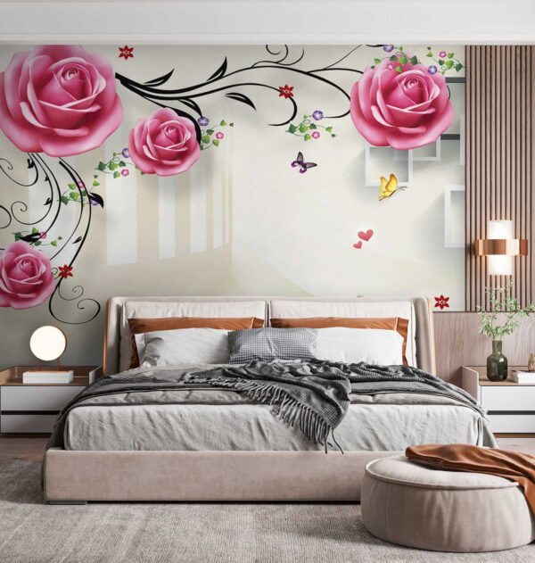 Carta da parati con rose e uccelli Carta da parati con rose e uccelli