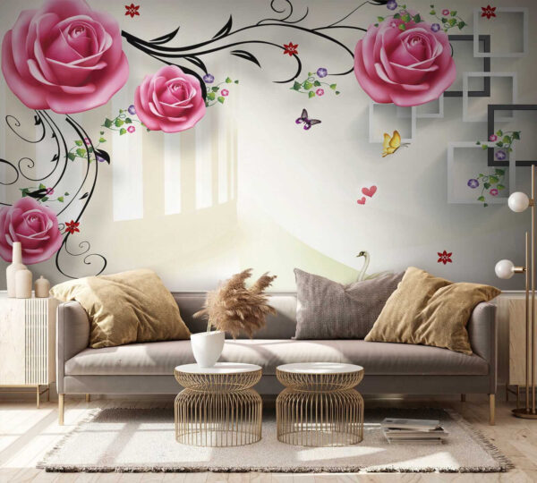 Carta da parati con rose e uccelli Carta da parati con rose e uccelli