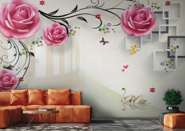 Carta da parati con rose e uccelli Carta da parati con rose e uccelli